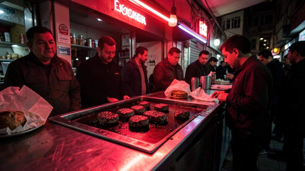 Late-night smash burger counter with red neon glow